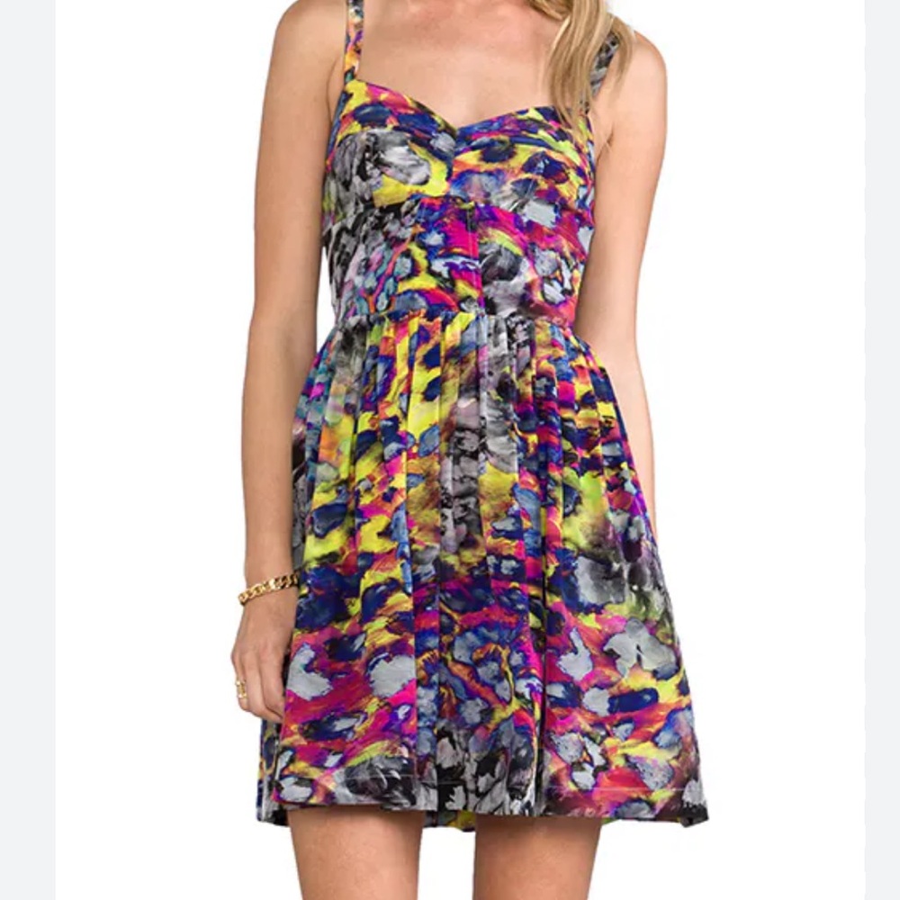 Amanda Uprichard Champagne digital leopard Rainbow Bustier Corset 100%Silk dress